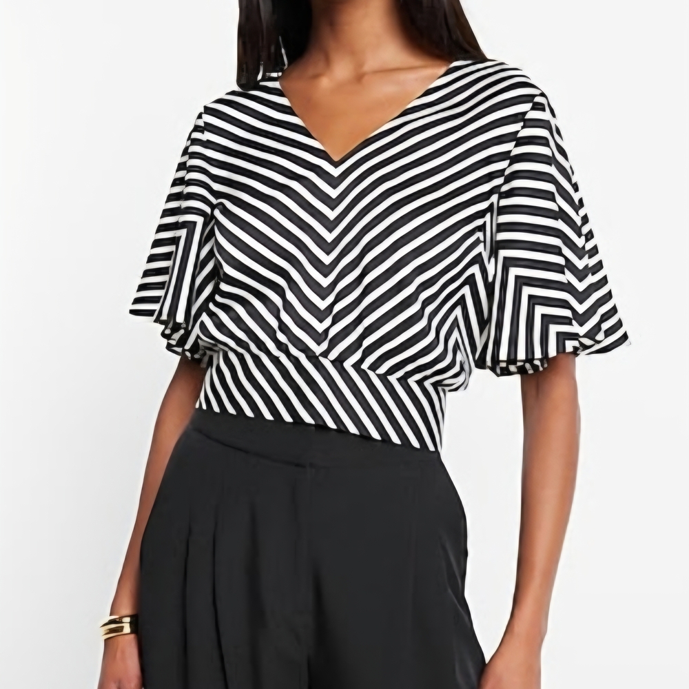 EXPRESS SATIN STRIPED V-NECK SHORT SLEEVE TIE BACK TOP